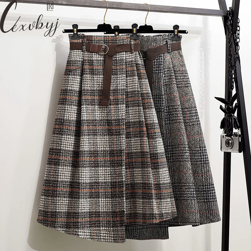 Top Trends: Autumn Winter Irregular Plaid Skirt Women Vintage High Waist Knee-Length A-Line Skirt Plus Size Woolen Elegant Skirt With Belt Shoppable Styles