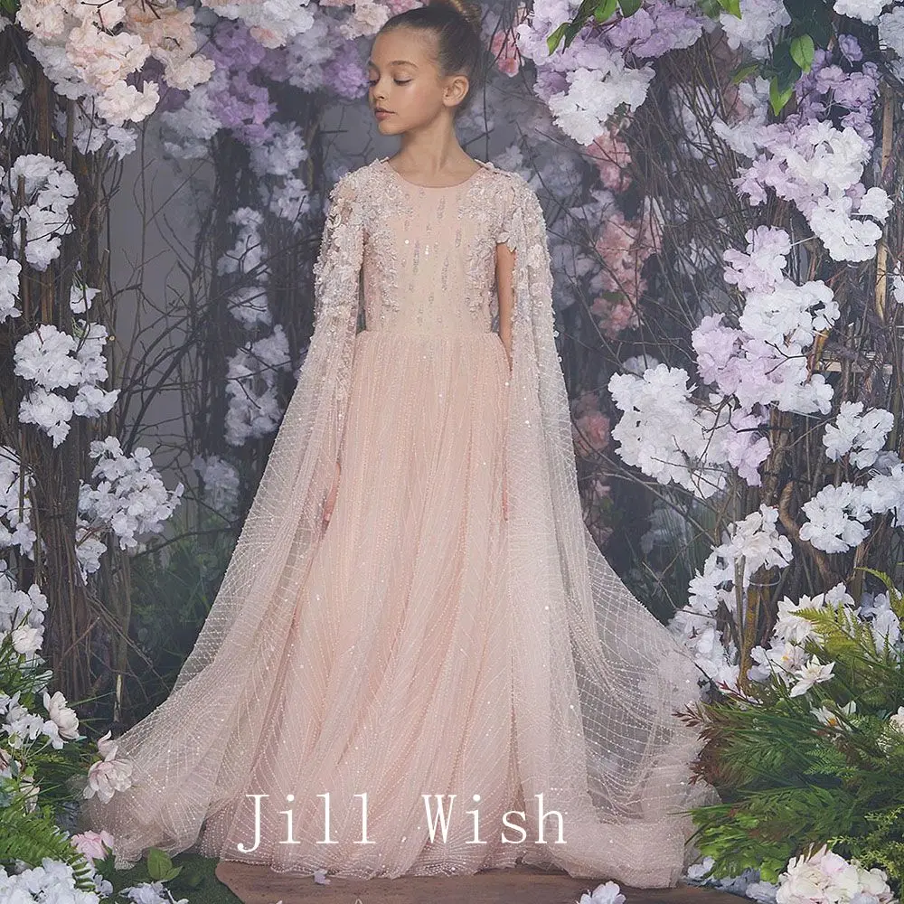 Top Trends: Jill Wish Luxury Pearl Arabic Girl Dress Applique Beaded With Cape Princess Kids Gowns For Wedding Birthday Communion Party J071 Shoppable Styles