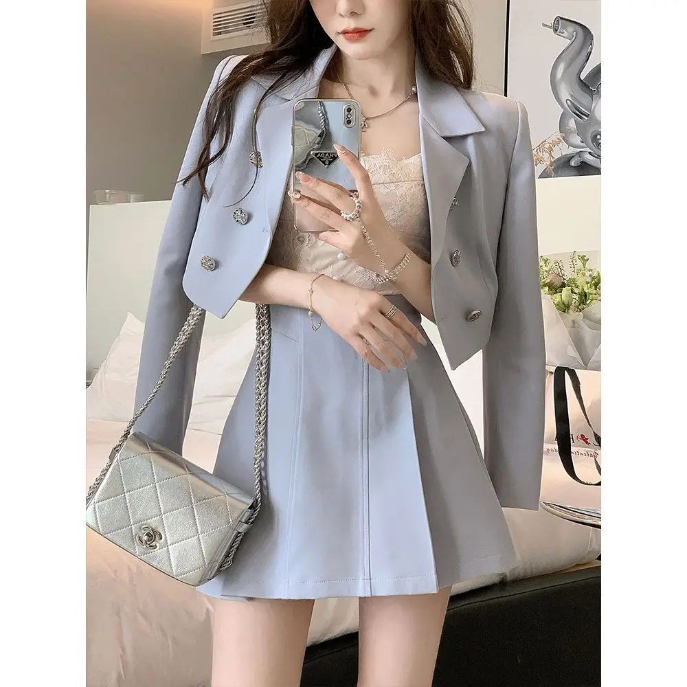 Top Trends: Haze Blue Small Fragrant Wind Short Blazer Women's New High Waist A-line Skirt Suit Suit Shoppable Styles