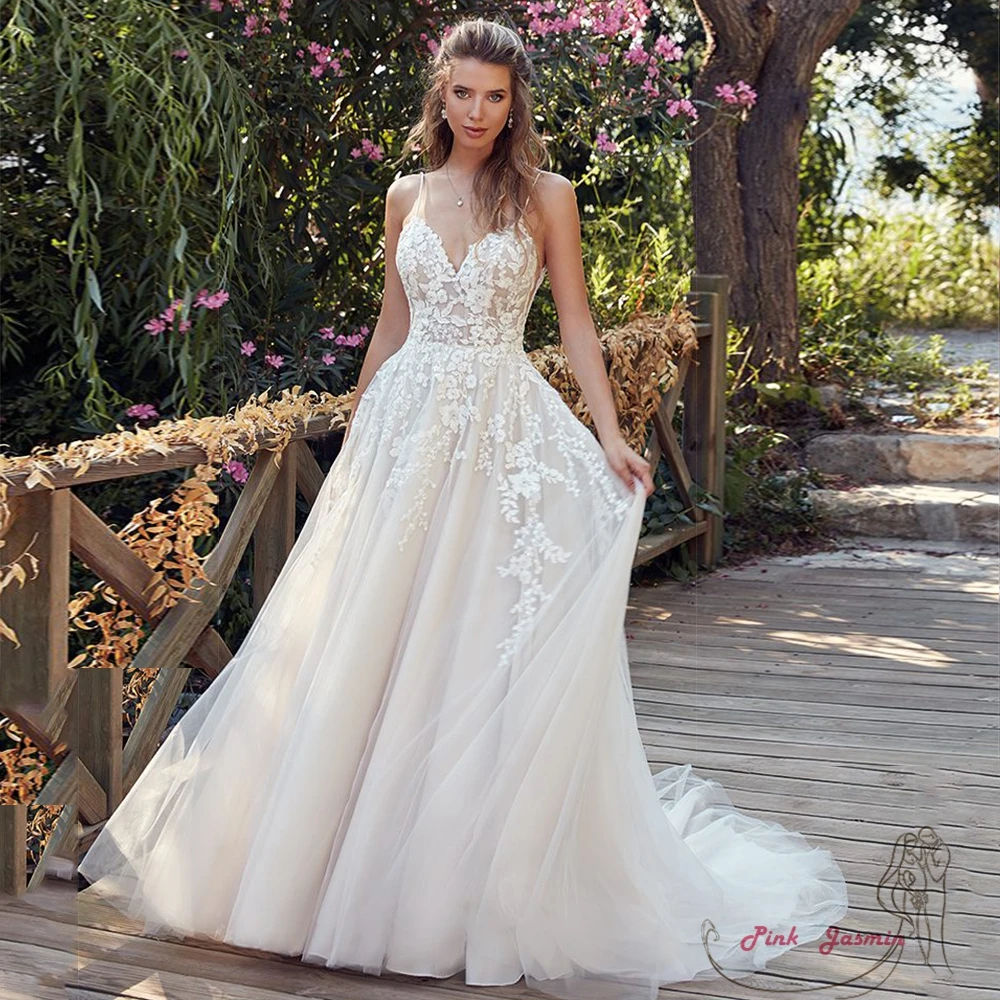 Top Trends: Modest Spaghetti Strap Applique Wedding Dresses For Princess 2023 Sleeveless A Line Sweep Train Bridal Gowns Soft Tulle Vestidos Shoppable Styles