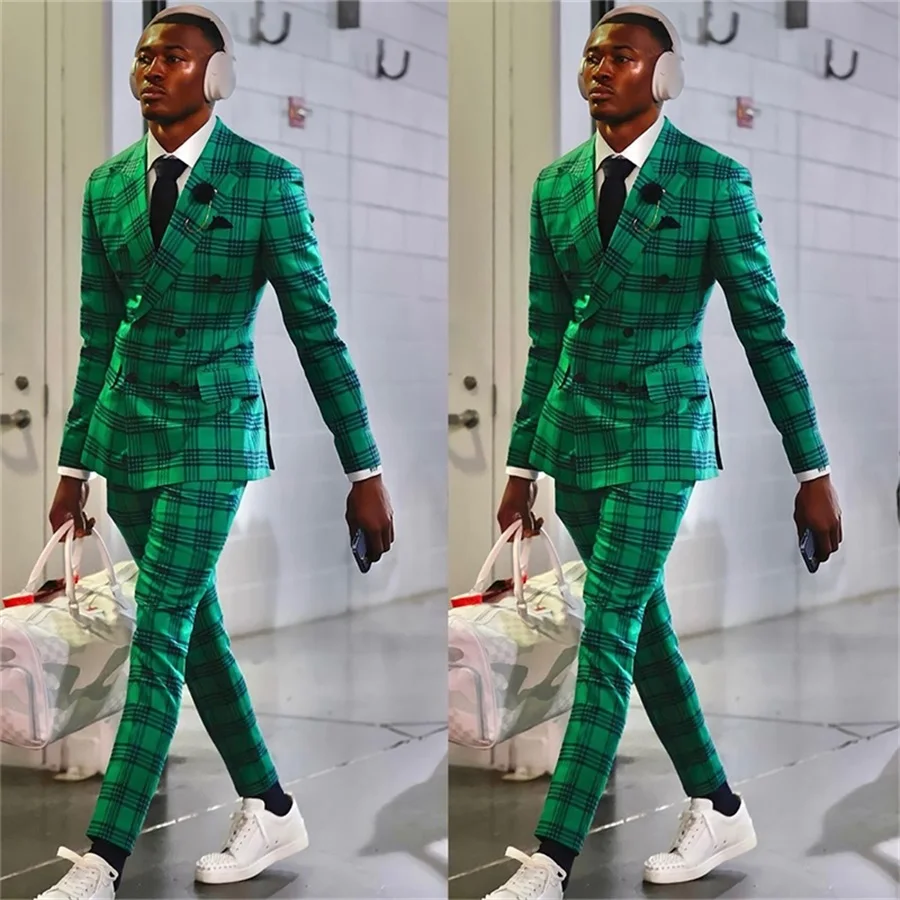 Top Trends: Fashion Green Plaid Men Suits For Wedding Formal Slim Fit 2 Pcs (Blazer+ Pants) Double Breasted Tuxedo Prom Evening Custom Made Shoppable Styles