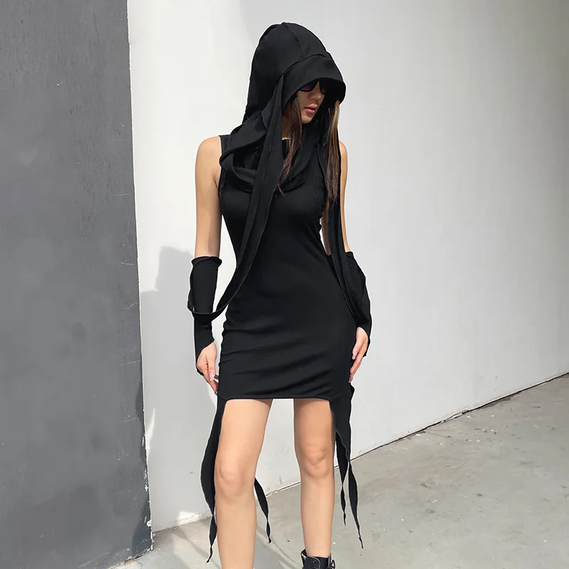 Top Trends: Goth Dark Techwear Fashion Cut Out Sexy Mini Dresses Cyber Y2k Punk Desert Hooded Walker Dress Gothic Irregular Backless Outfits Shoppable Styles