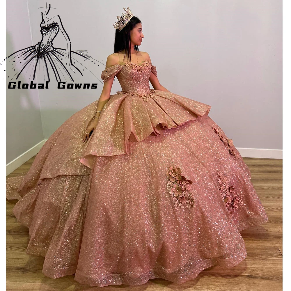 Top Trends: Sparky Rose Gold 3D Flowers Off The Shoulder Quinceanera Dress Beaded Tiered Princess Ball Gown For Sweet 16 Birthday Party Shoppable Styles