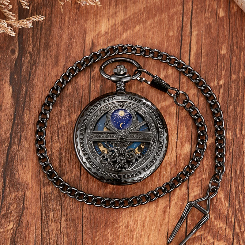 Top Trends: Hand-WInd Mechanical Pocket Watch Vintage Hollow Blue Moon Star Steampunk Skeleton Watch Roman Numerals Clock With Fob Chain Shoppable Styles - Image 3