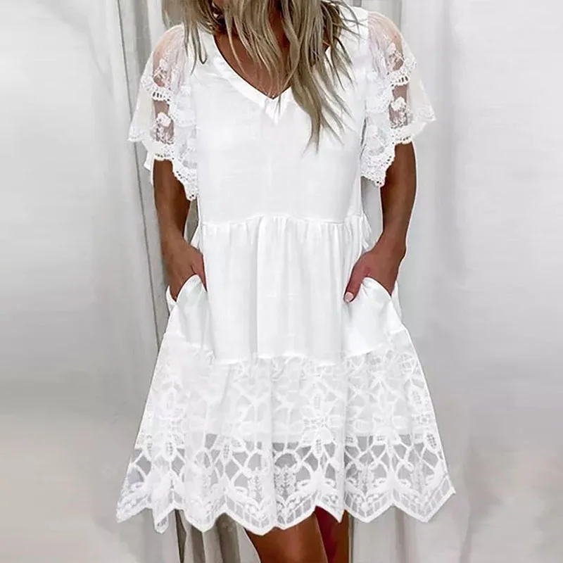 Top Trends: Women V-Neck Short Sleeve Ruffles Mini Dresses Elegant White Color Embroidery Lace Mesh Party Dress Lady Casual Summer NewDress Shoppable Styles