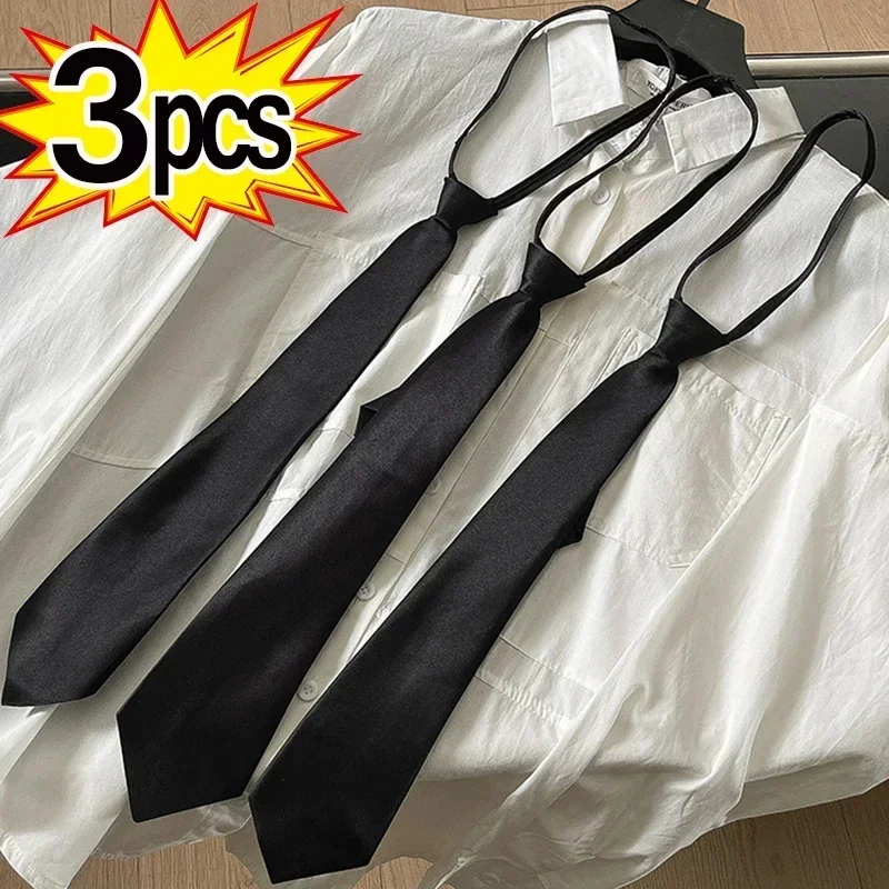 Top Trends: 1-3pcs Ties Student Retro Black Silky Narrow Neck Tie Slim Smooth Women Zipper Necktie Casual Elegant All-match Trendy Unisex Shoppable Styles