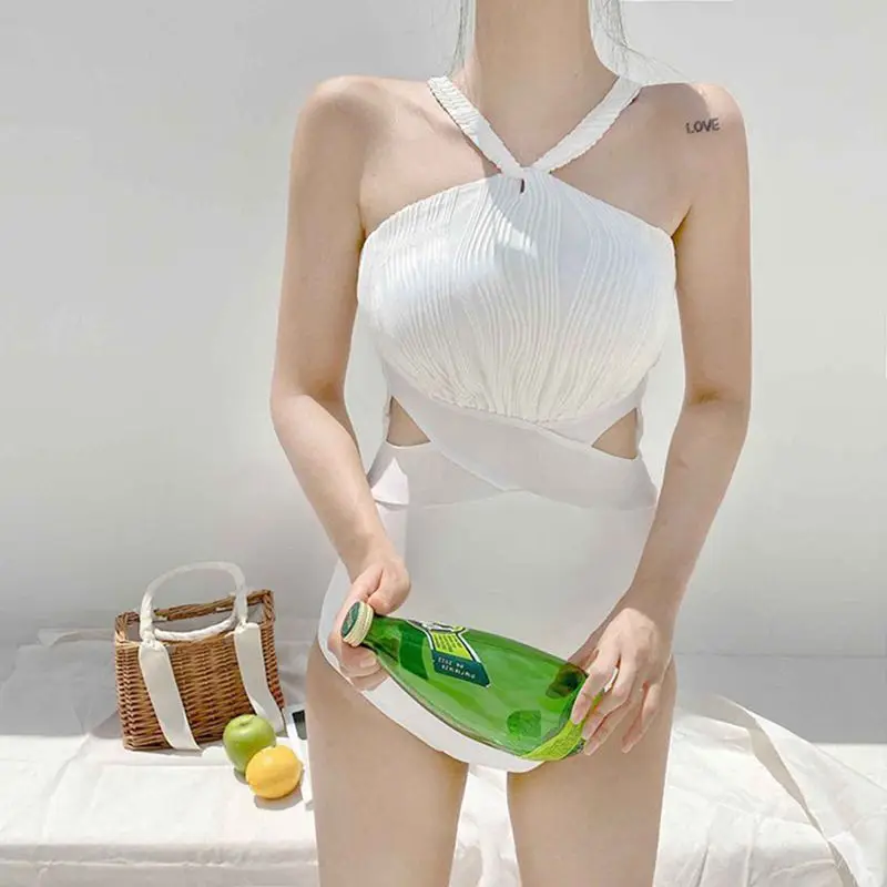 Top Trends: 2023 Sexy Cut Out One Piece Swimsuit Women Solid White Swimwear Open Back Monokini Mesh High Neck Halter Bathing Suit Push Up Shoppable Styles - Image 2