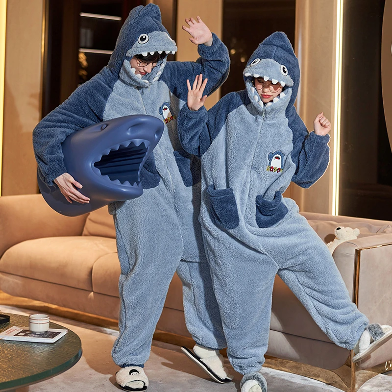 Top Trends: Kigurumis Winter Couples Pajamas Jumpsuits Onesie Women Men Thicken Sleepwear Nightwears Cartoon Shark Kawaii Pajamas Men Shoppable Styles