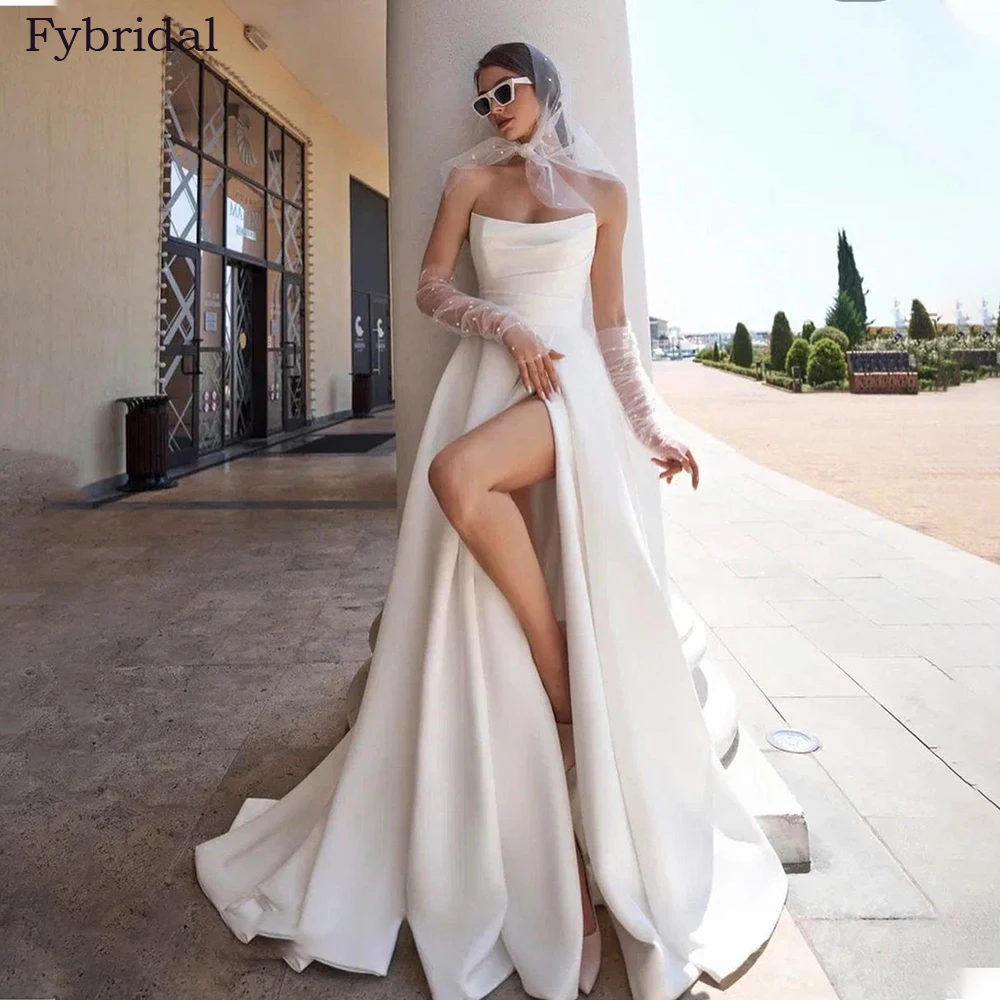 Top Trends: Simple A Line Satin Wedding Dress 2022 For Women Strapless Sleeveless Side Slit Bride Dress Robe De Mariee Vestidos De Novia Shoppable Styles