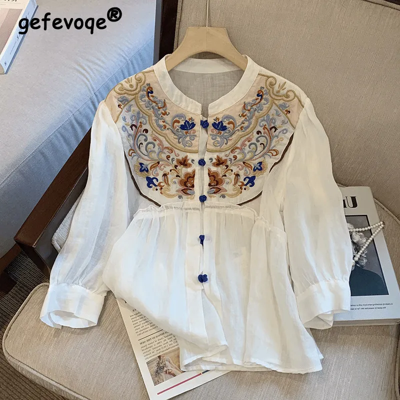 Top Trends: Autumn Women&#039;s Vacation Casual Vintage Ethnic Style Embroidery Chic Oversized Blouse Top White Long Sleeve Loose Shirt Cardigan Shoppable Styles