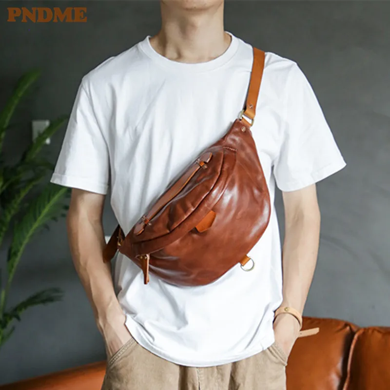 Top Trends: PNDME Retro Fashion Natural Real Leather Men Chest Bag Simple Casual Handmade Designer Top Cowhide Youth Diagonal Small Handbag Shoppable Styles