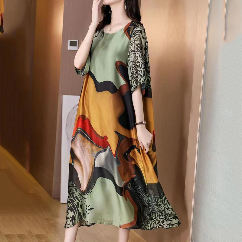 Top Trends: 2022 Ladies O Neck Loose Casual New Vintage Printed Silk Midi Dresses Robe Spring Summer Prom Dress Women Elegant Party Vestidos Shoppable Styles - Image 5