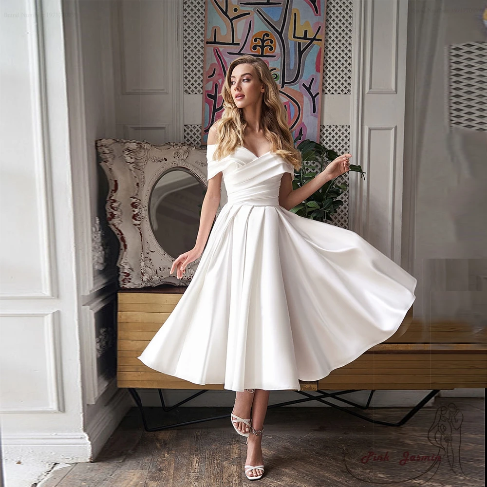 Top Trends: Off Shoulder A Line Short Wedding Dresses With Satin Strapless Bridal Gowns Tea Length White Vestidos De Novia 2023 Summer فستان Shoppable Styles