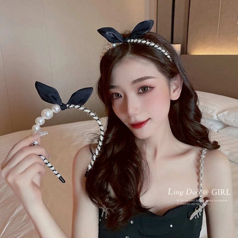 Top Trends: Cute Rabbit Ears Hair Hoop Fashion Hand-Woven Wool HairBand Women Elegant Pearl Headdress Hair Accessories For Girl Shoppable Styles