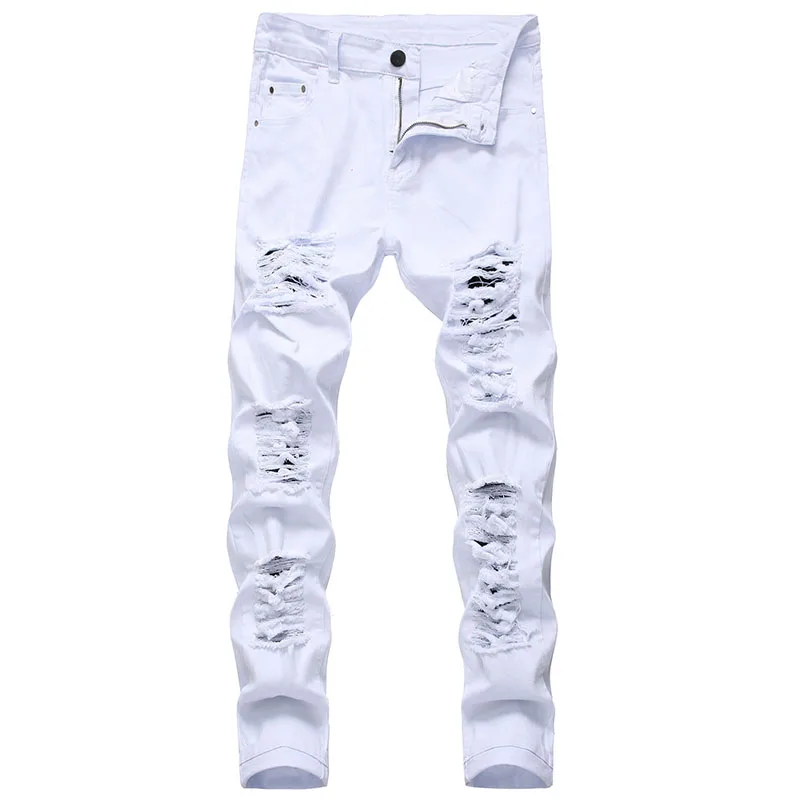 Top Trends: Men&#039;s White Jeans Fashion Hip Hop Ripped Skinny Men Denim Trousers Slim Fit Stretch Distressed Zip Men Jean Pants High Quality Shoppable Styles