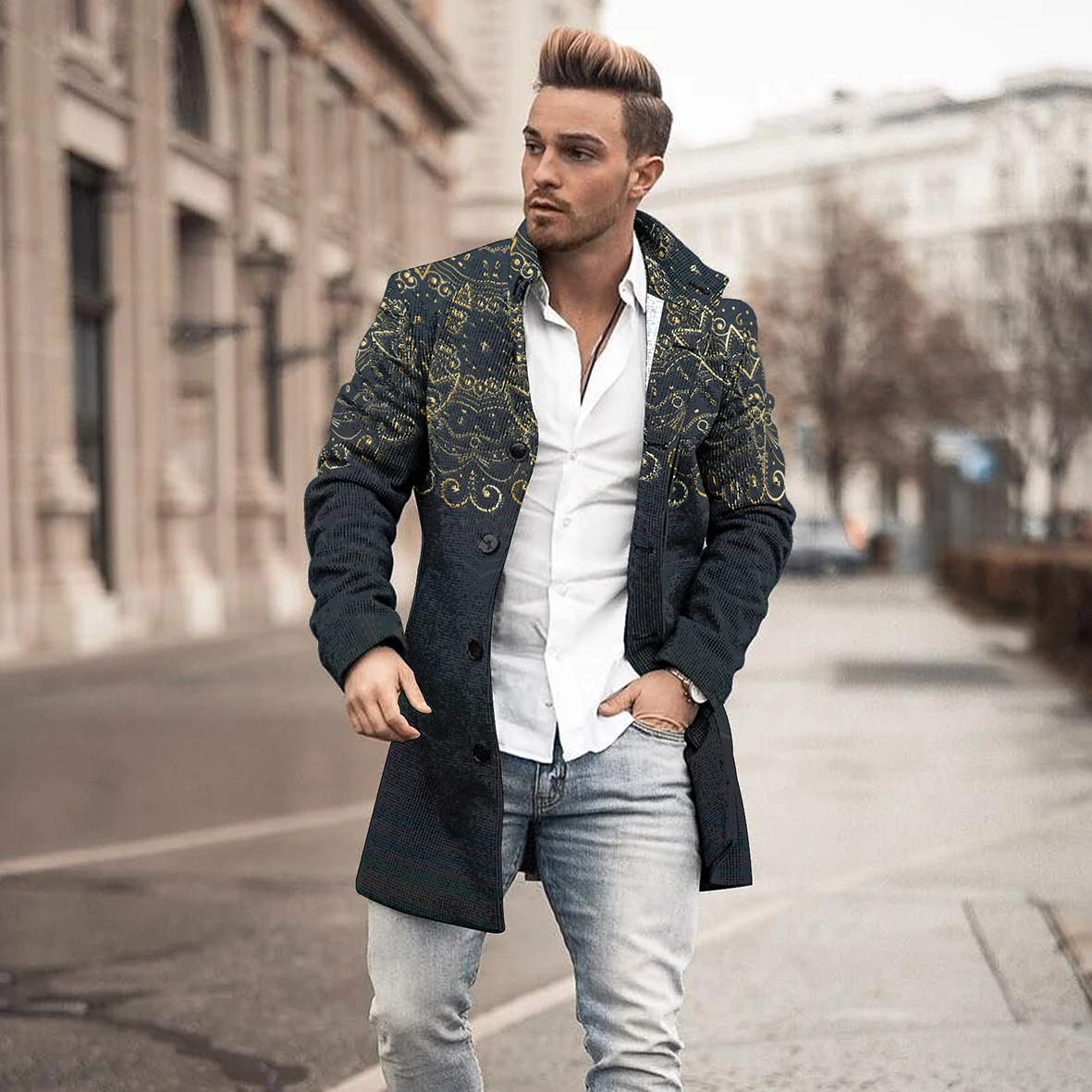 Top Trends: 2023 New Longfengni 3D Printing Mid Length Coat Pocket Fashion Casual European And American Autumn And Winter Men&#039;s Jacket S-5XL Shoppable Styles