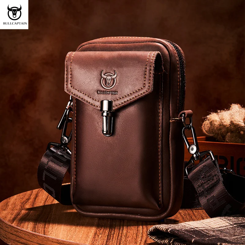 Top Trends: BULLCAPTAIN Crazy Horse Leather Men&#039;s Waist Bags Multifunctional 7-inch Mobile Phone Bag Bag Male Shoulder Messenger Bages Brown Shoppable Styles