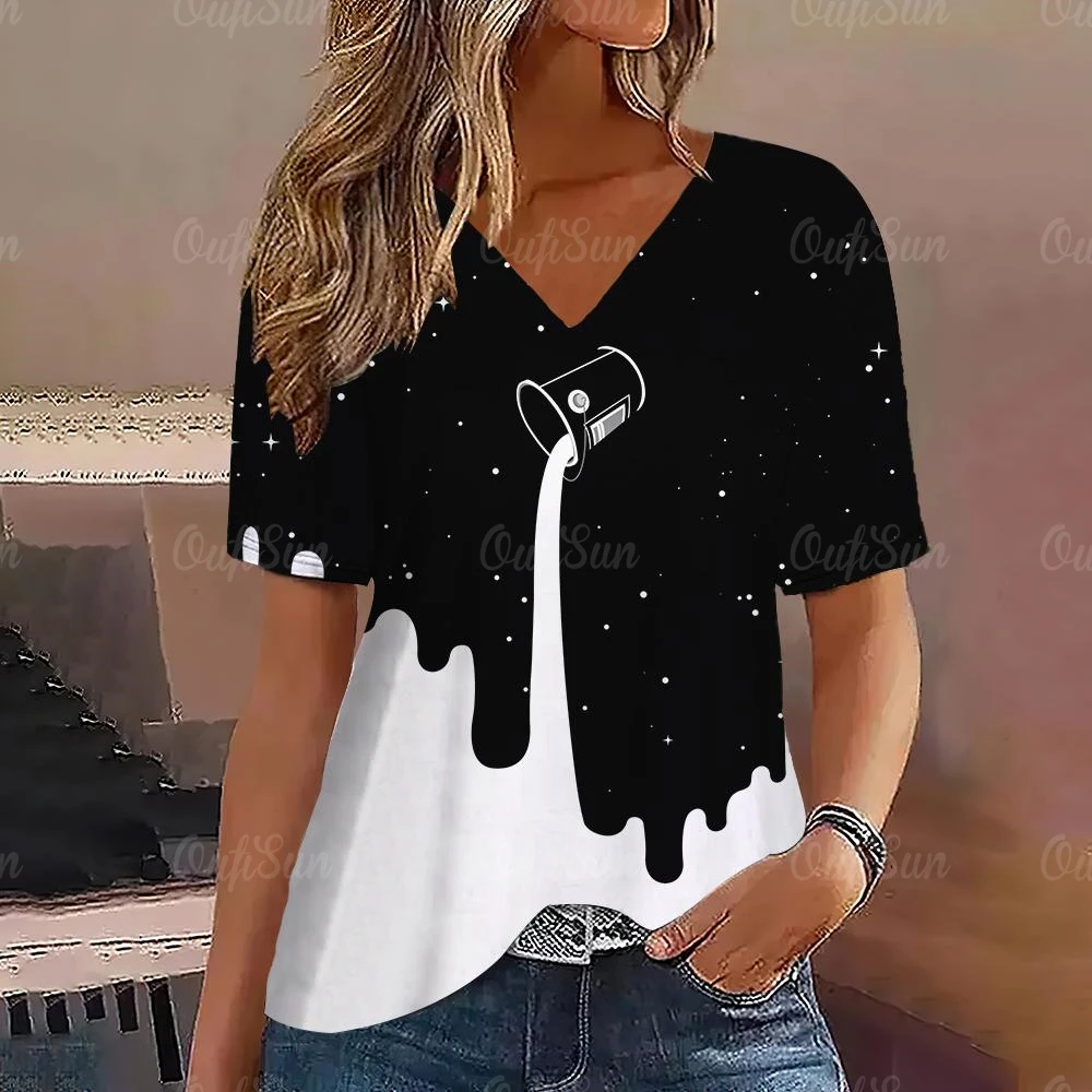 Top Trends: Gradient V Neck Short Sleeve T-Shirt Fashion Women T Shirt Print Basic Tops Streetwear Summer Oversized Clothing Female T-Shirts Shoppable Styles