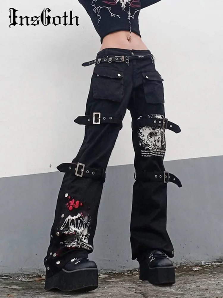 Top Trends: InsGoth Y2K Punk Skull Print Black Buckle Pants Harajuku High Waist Big Pocket Trousers Goth Mall Grunge Cargo Pants Techwear Shoppable Styles