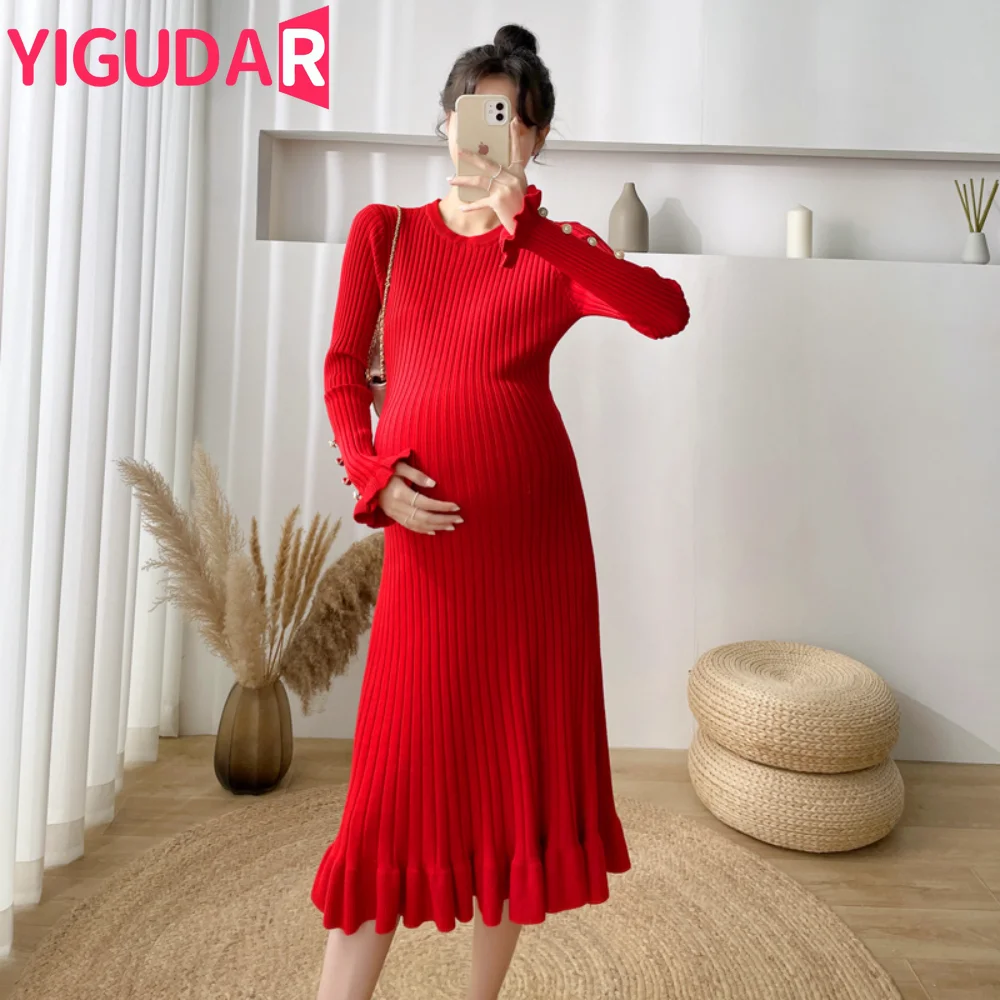 Top Trends: Autumn Winter Korean Fashion Knitted Maternity Dress Sweaters Elegant Slim Clothes For Pregnant Women Pregnancy Photoshoot Dress Shoppable Styles