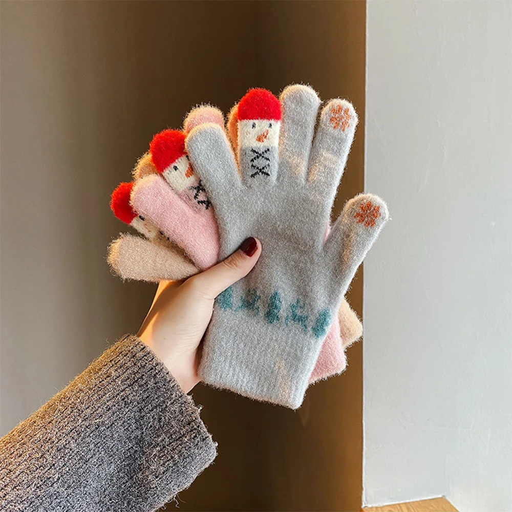 Top Trends: Women‘s Winter Warm Knitted Plush Gloves Cute Snowman Embroidery Touch Screen Full Fingers Gloves Girls Windproof Furry Mittens Shoppable Styles - Image 2