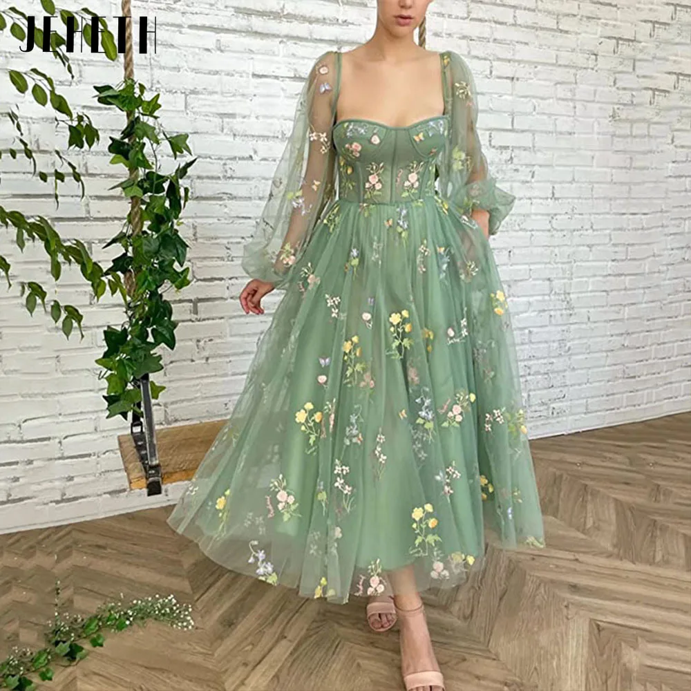 Top Trends: JEHETH Green Embroidered Lace Prom Dress Pastoral Puff Sleeves Sweetheart A Line Backless Evening Gown Tulle Ankle Length فساتين Shoppable Styles