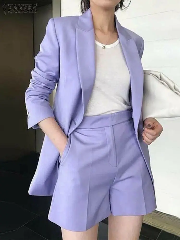 Top Trends: ZANZEA Autumn Pure Cotton Short Sets Long Sleeve Blazer And Short Pant Women Solid Work OL Tracksuits Fashion Elegant Suit 2023 Shoppable Styles