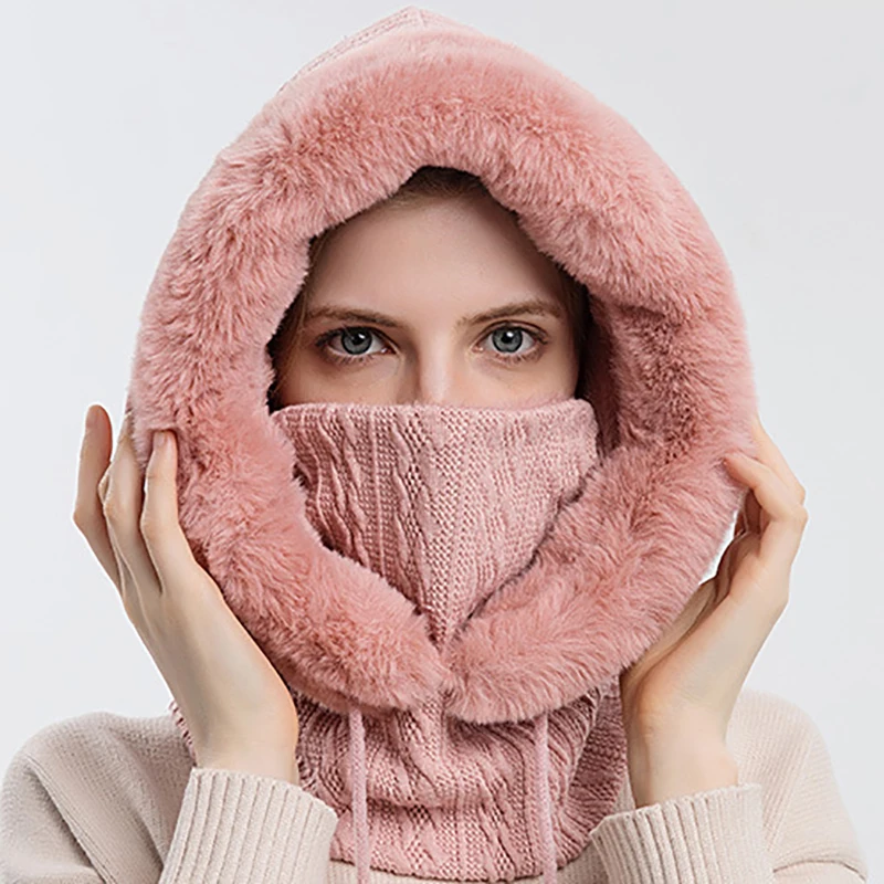 Top Trends: 3in1 Thicken Fleece Hat Women Knitted Fluffy Scarf Full Face Mask Hood Winter Warm Outdoor Ski Windproof Plush Beanies Bonnet Shoppable Styles