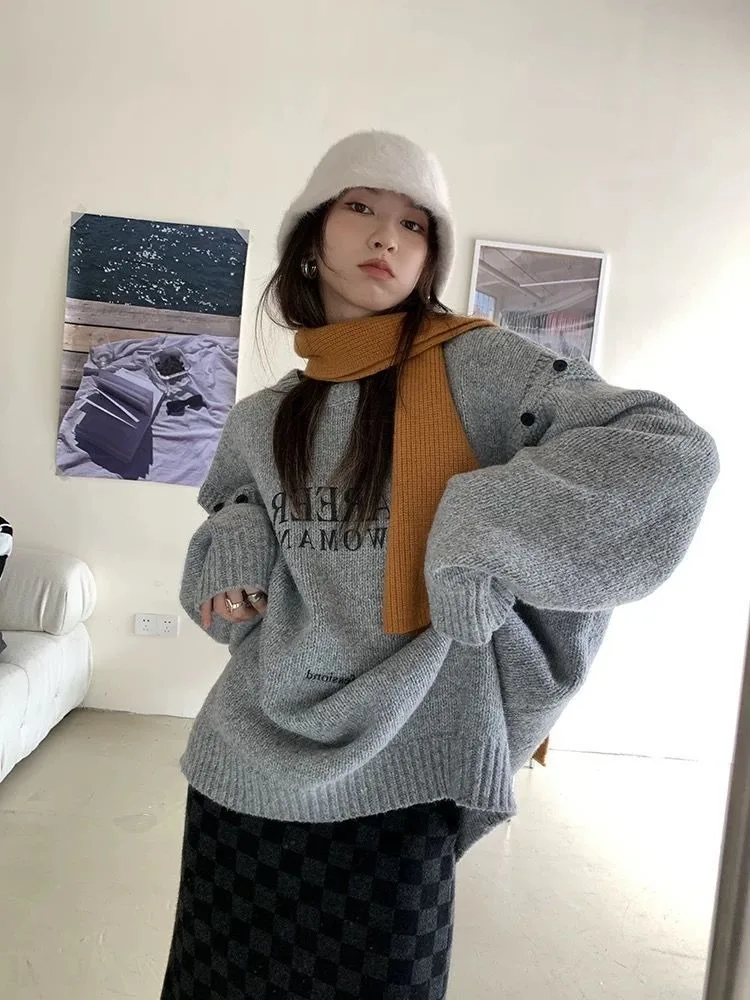 Top Trends: Deeptown Harajuku Letter Print Gray Sweater Women Vintage Streetwear Off Shoulder Knit Tops Korean Style Oversize Black Jerseys Shoppable Styles