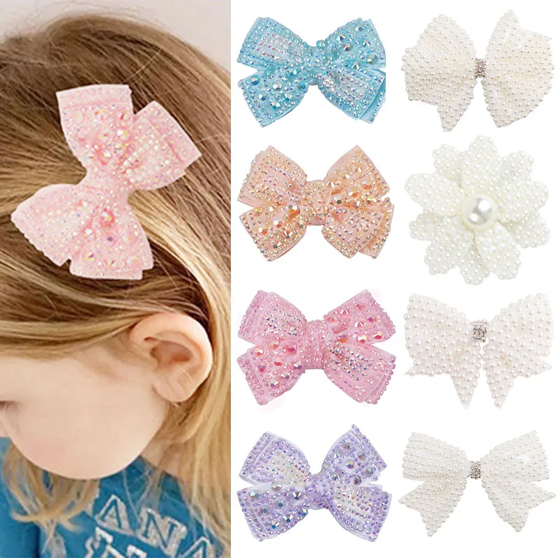 Top Trends: 4&quot; Xugar Hair Accessories Hair Bows For Girls Full Rhinestone Pearl Hair Clips Grosgrain Ribbon Knot Boutique Hairgrips Shoppable Styles