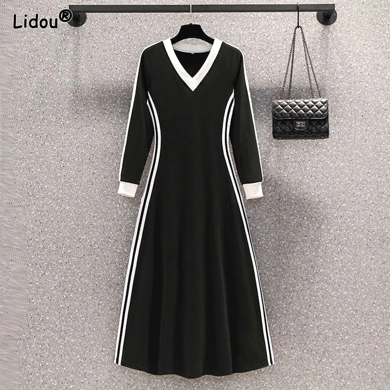 Top Trends: 2023 New Spring And Autumn Fashion Temperament Contrasting Color Patchwork V-neck Slim Fit Long Sleeved Oversized Women&#039;s Dress Shoppable Styles