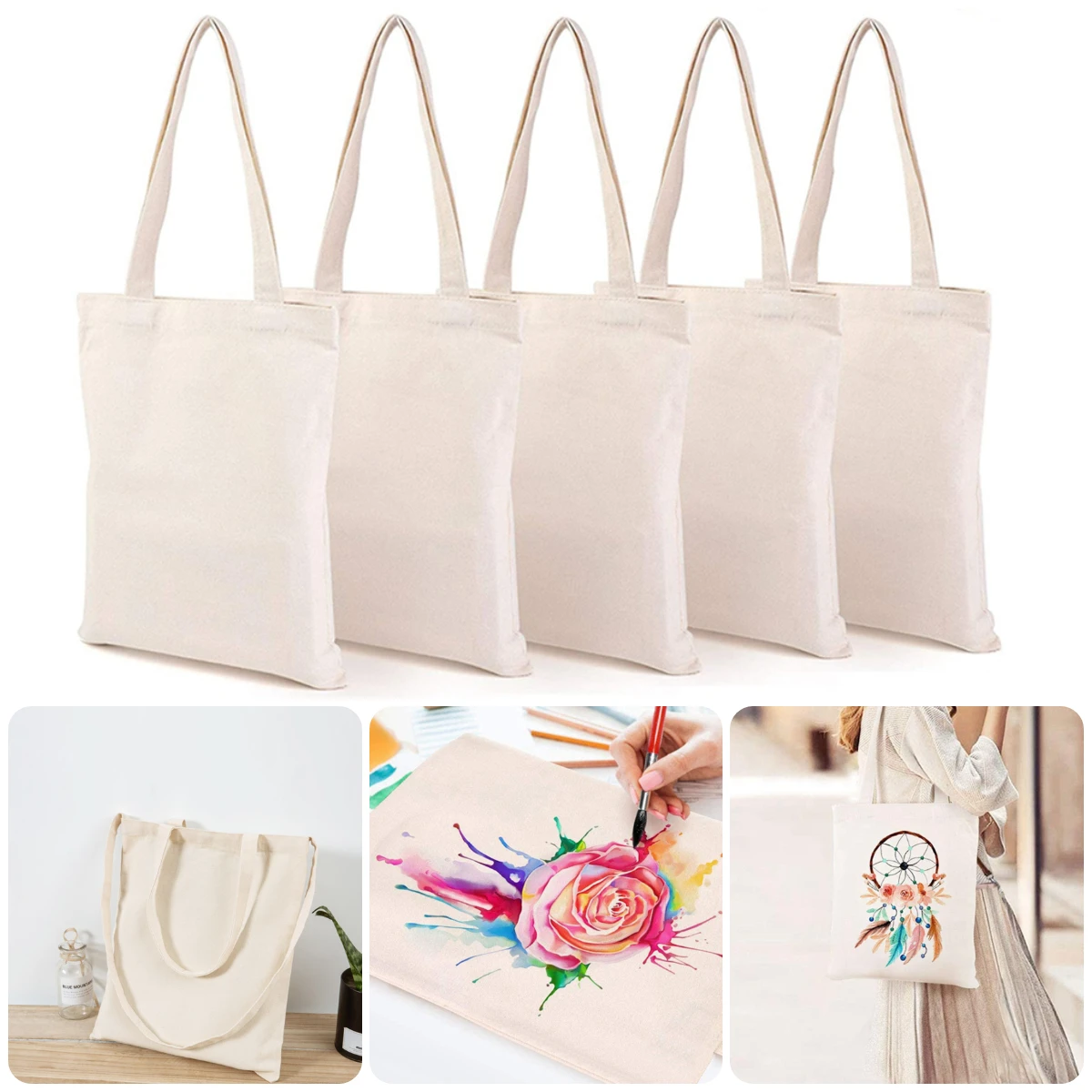 Top Trends: Women Canvas Shoulder Bag Solid Color Casual Tote Bag Reusable Large Capacity Cotton Handbag Shopping Beach Bag Beige / White Shoppable Styles