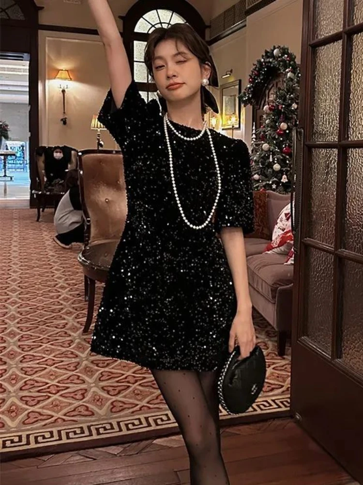 Top Trends: HOUZHOU Vintage Sequin Dress Women Korean Style Elegant O-Neck Short Sleeve Shiny Black Velvet Christmas Dress Evening Party Shoppable Styles