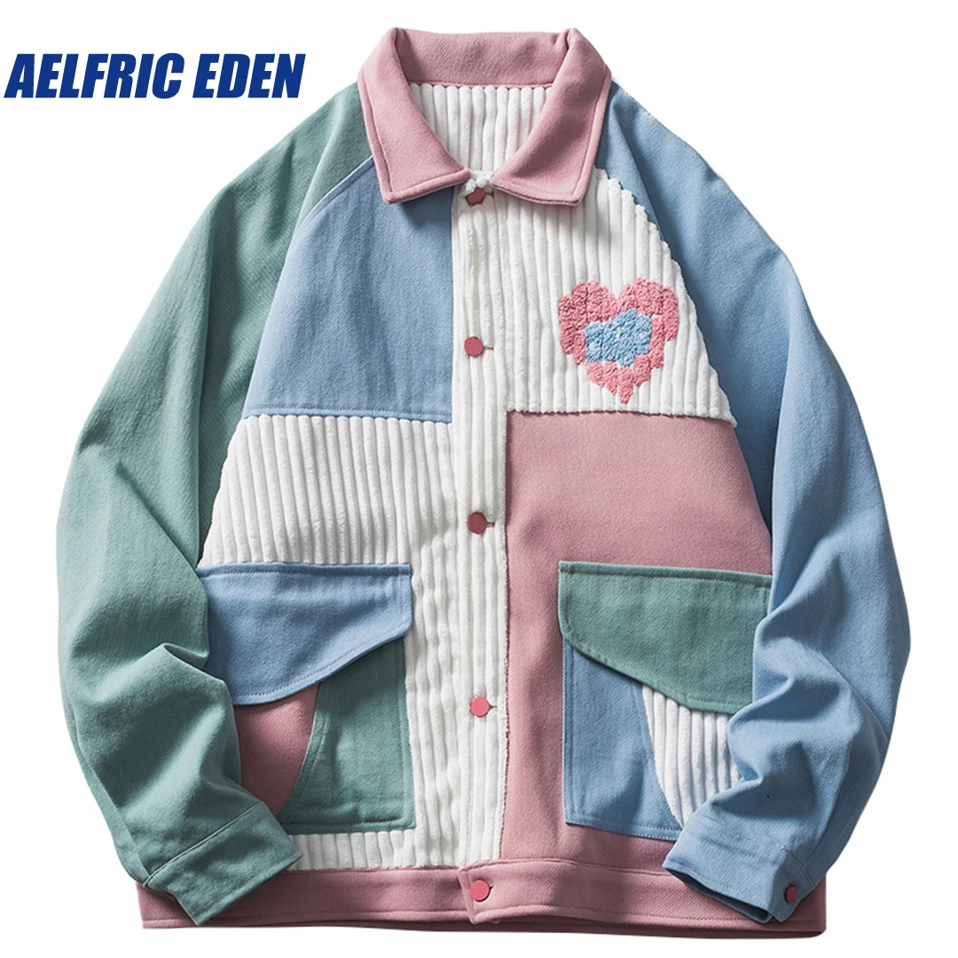 Top Trends: Aelfric Eden Color Block Patchwork Corduroy Heart Varsity Jacket Y2K HipHop Streetwear 2023 Autumn Harajuku Casual Jacket Coat Shoppable Styles