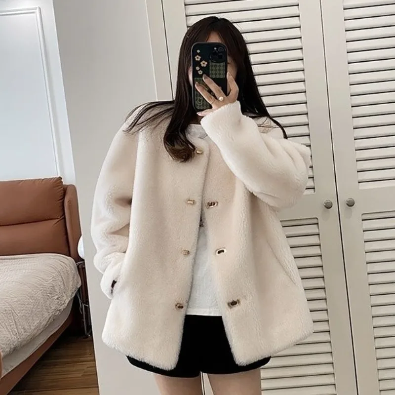 Top Trends: Women's Faux Fur Coat, Lamb Wool, Fur Integrated, Thickened, Warm Outwear, Loose, Round Neck, Pure Color, Casual, Winter, New Shoppable Styles