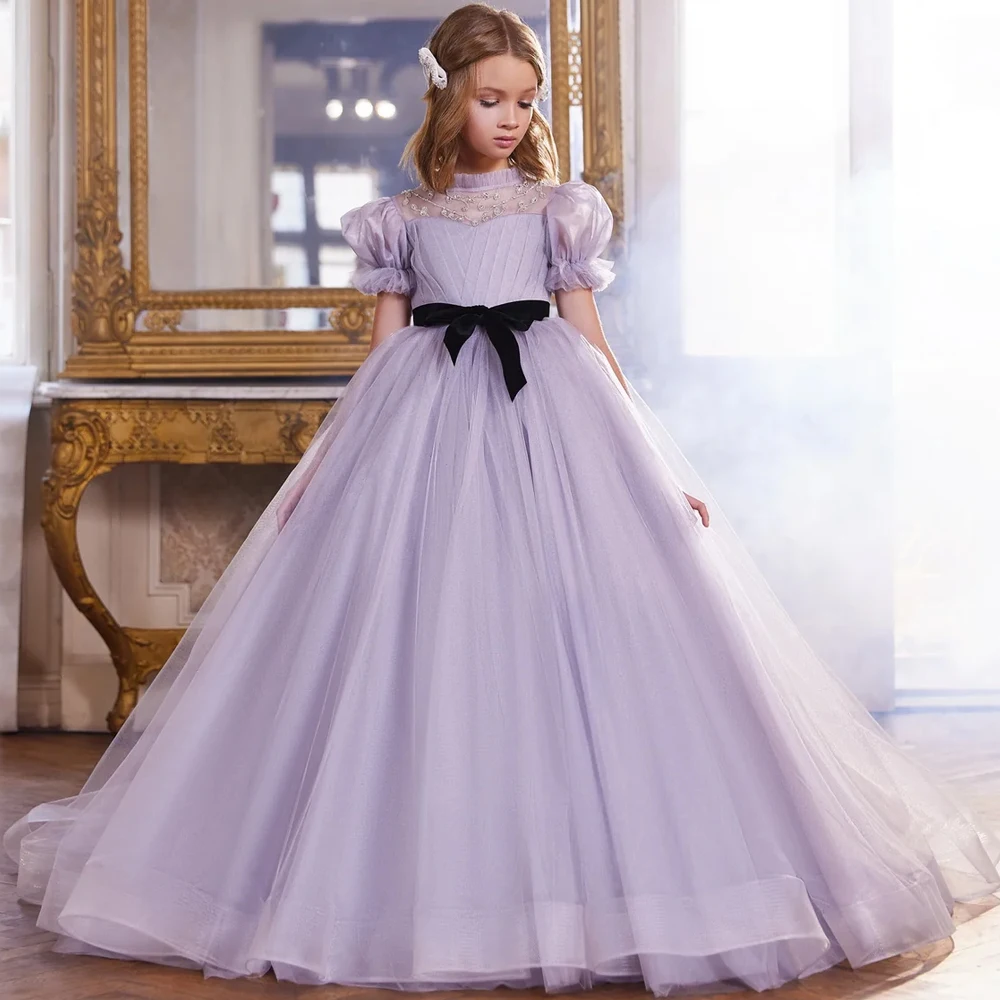 Top Trends: Elegant Flower Little Girl Dress Princess Dresses A-line Short Sleeves Sweep Train High Neck Kids Evening Party Gowns Shoppable Styles