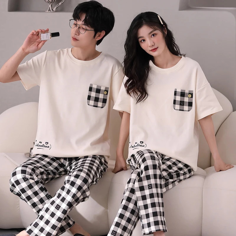 Top Trends: Summer Short Sleeve Pyjamas Lovers Cotton Couple Pajama Sets Women / Men Sleepwear Fashion Sport Style Nightgown Home Clothes Shoppable Styles