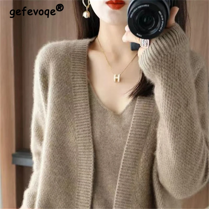 Top Trends: Two Piece Set For Women 2023 Autumn Winter Korean Fashion Solid Elegant Knitted Cardigan Simple V Neck Loose Sweater Vest Outfit Shoppable Styles