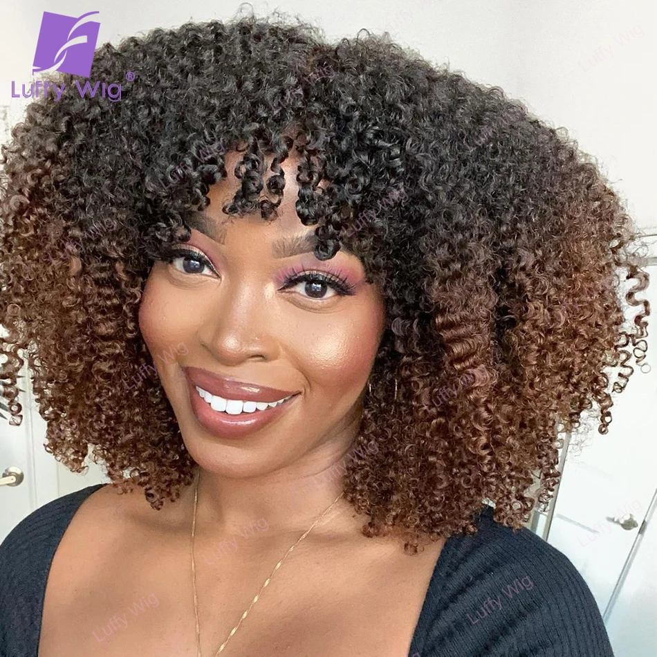 Top Trends: 200 Density Ombre Afro Kinky Curly Wig Human Hair With Bangs Brazilian Remy O Scalp Top Bang Wigs Glueless For Black Women Luffy Shoppable Styles