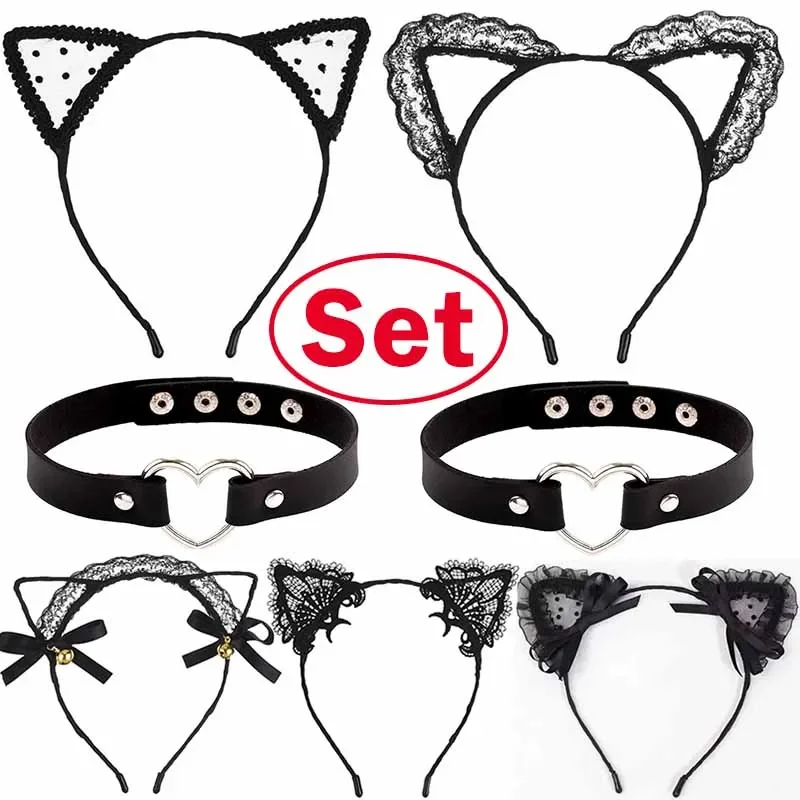 Top Trends: Cat Ears Headband Necklace Bear Ears Bowknot Hairband Black Lace Choker Women Cosplay Party Dance Headwear Hair Accessories Shoppable Styles