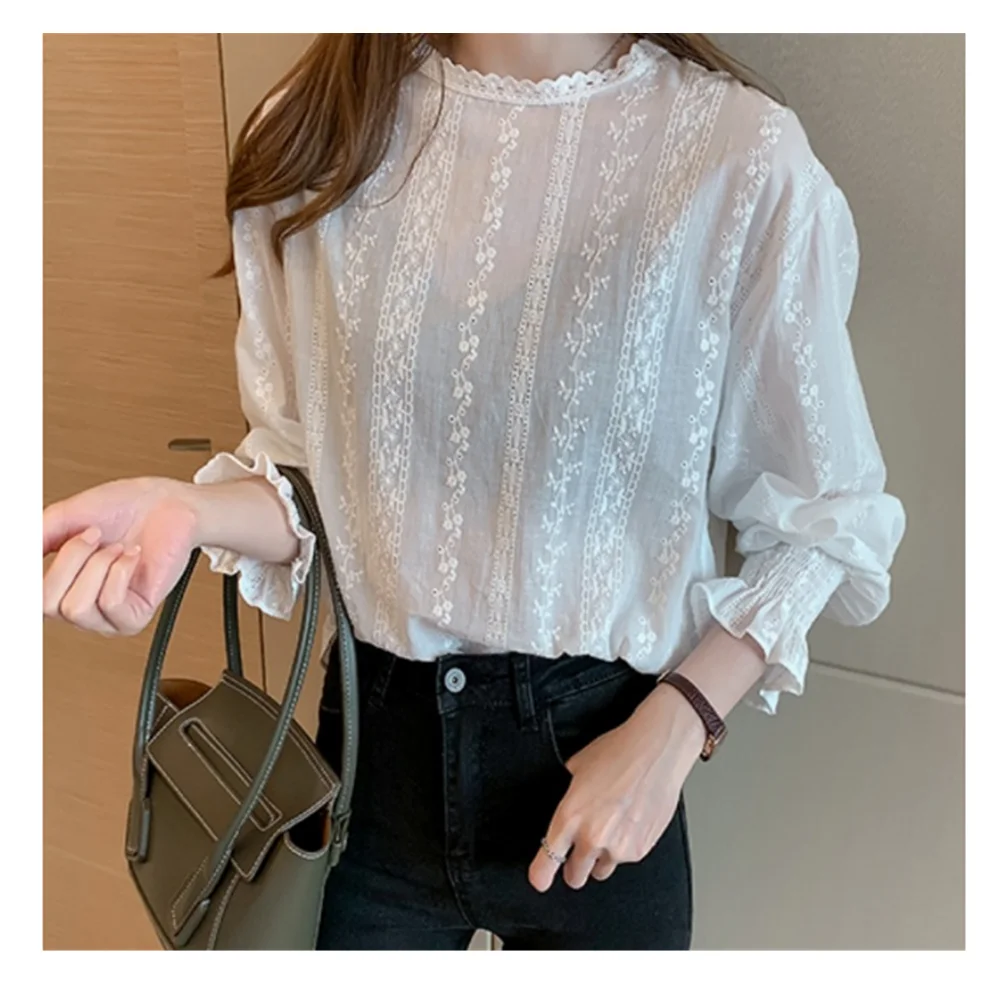 Top Trends: Womens White Tops Blouses 2022 Cotton Linen Blouse Button Solid Stand Collar Ladies Lace Tops Women Ruffle Shirt Blusas Feminine Shoppable Styles