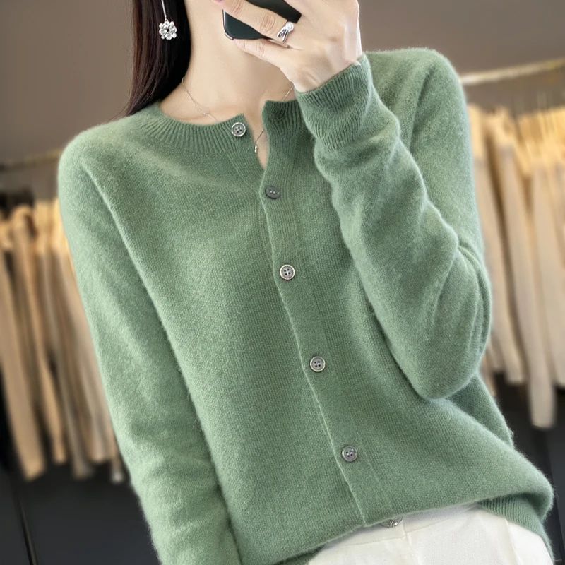 Top Trends: New Ladies In Autumn And Winter 100% Merino Wool Cardigan Ladies O-neck Long Sleeve Solid Color Knitted Warm Cashmere Cardigan Shoppable Styles