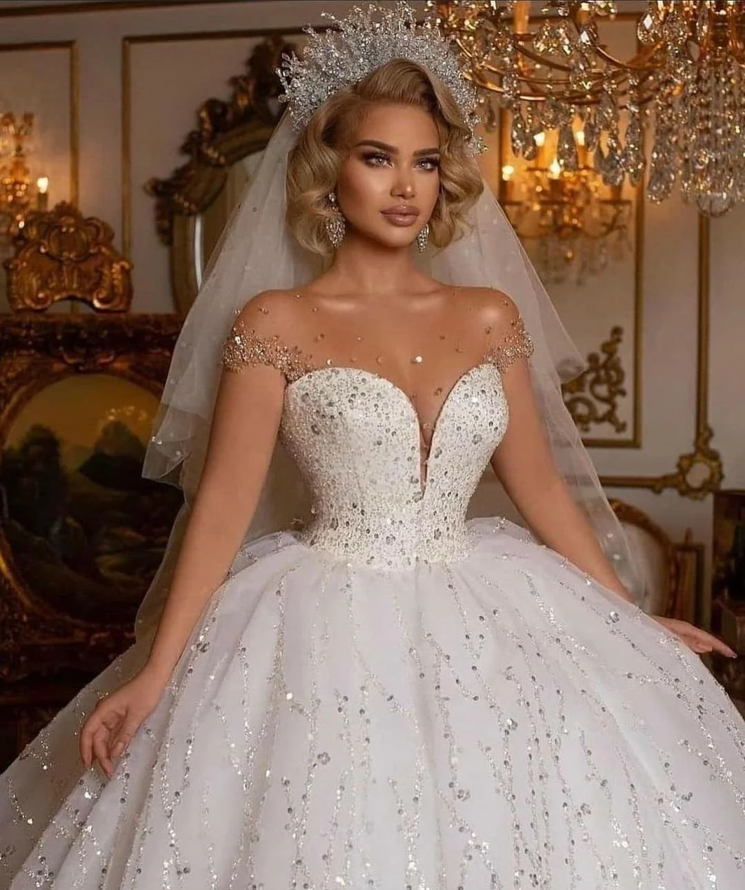 Top Trends: Luxury Sequins Wedding Dress For Women Princess Ball Gown Sheer Sweetheart Tulle Beaded Cap Sleeve Bridal Gowns Robe De Mariee Shoppable Styles