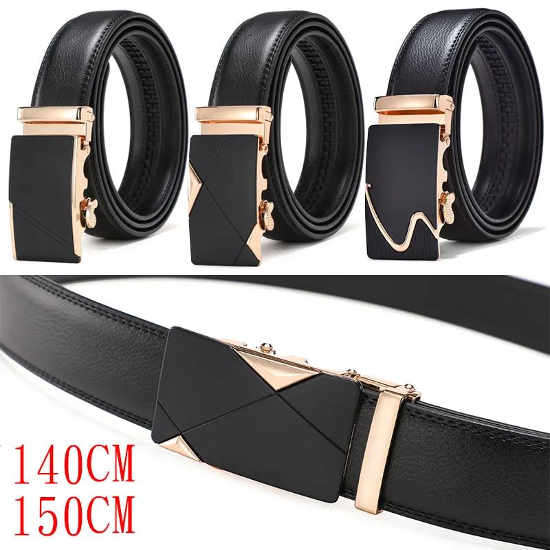 Top Trends: Automatic Buckle Belt For Men's Cowhide Leather Lengthened 150cm Belts Leisure Business Plus Size 140cm Accessories Shoppable Styles