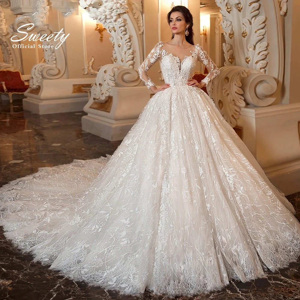 Top Trends: Luxury Wedding Dress Embroidered Lace On Net With Ball Gown O-neck Full Sleeve ​bridal Gowns Button Appliques Vestido De Novia Shoppable Styles