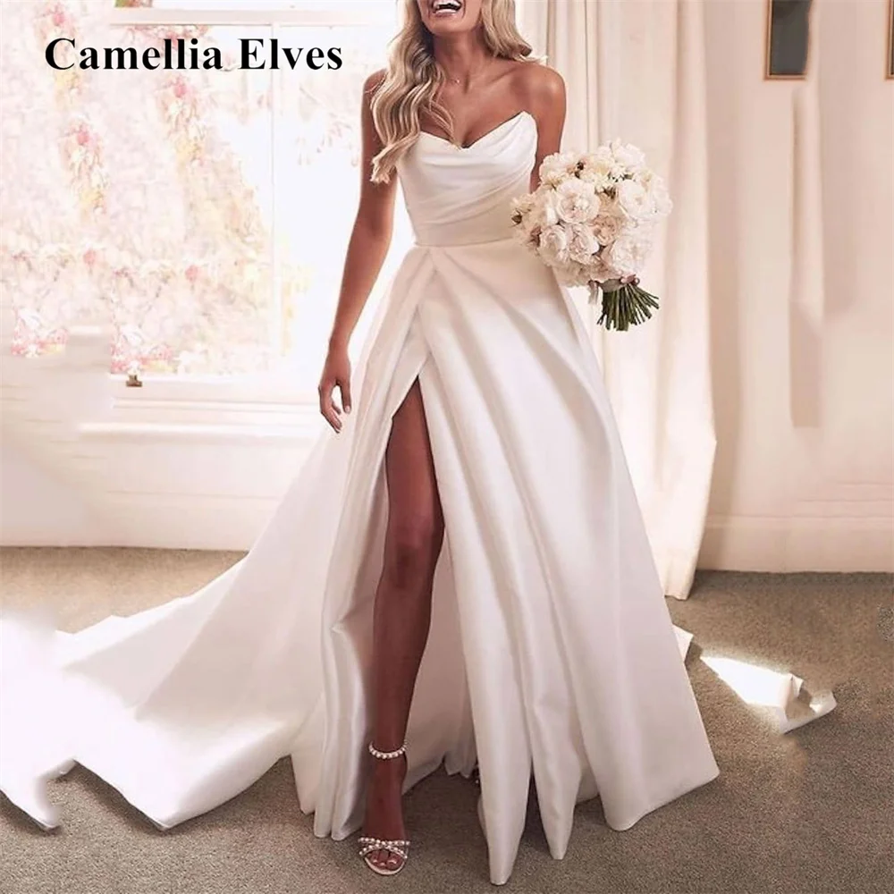 Top Trends: Simple A-Line Elegant Wedding Dresses Sweetheart Bride Robes Sleeveless Bridal Gowns Backless High Split Front Vestido De Novia Shoppable Styles