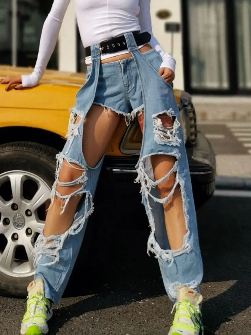 Top Trends: 2023 New Woman Summer Harajuku Personalized Belt Leggings Holes Denim Trousers High Waisted Streetwear Straight Wide Leg Pants Shoppable Styles