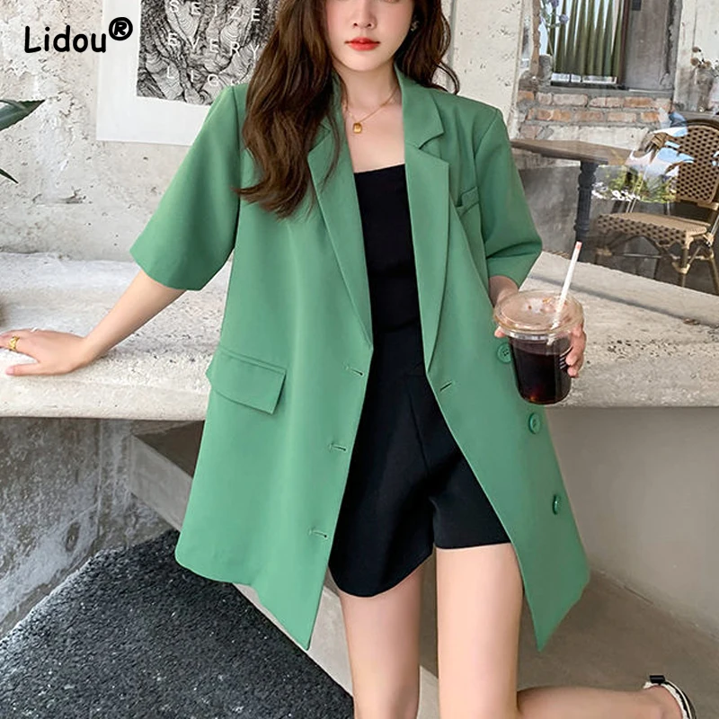 Top Trends: Business Casual Korean Loose Long Straight Solid Button Plus Size Pockets Blazers Women's Clothing Notched Tops Spring Autumn Shoppable Styles