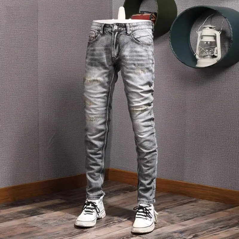 Top Trends: Streetwear Fashion Men Jeans Retro Washed Gray Elastic Slim Fit Ripped Jeans Men Embroidery Designer Vintage Denim Pants Hombre Shoppable Styles