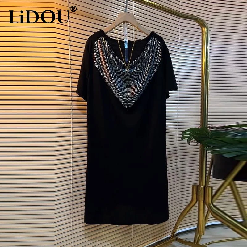 Top Trends: Summer New Solid Color Fashion Short Sleeve Midi Dress Women High Street Casual Loose Diamonds Elegant Dress All-match Vestidos Shoppable Styles